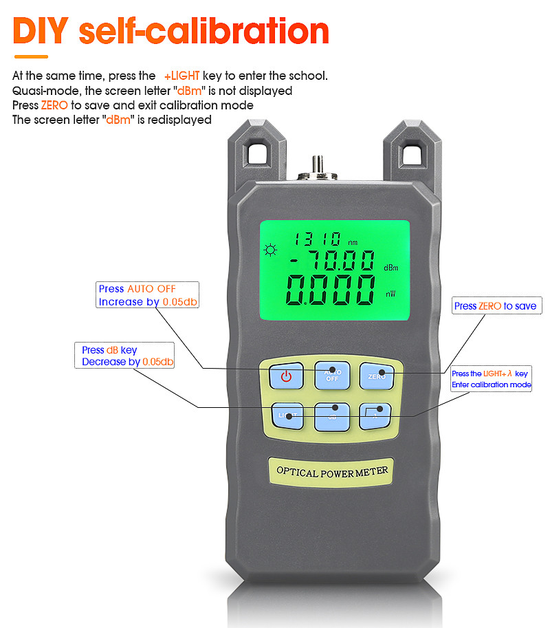 850-1625nm -70dBm +10dBm Handheld Optical Power Meter SC / FC Connector