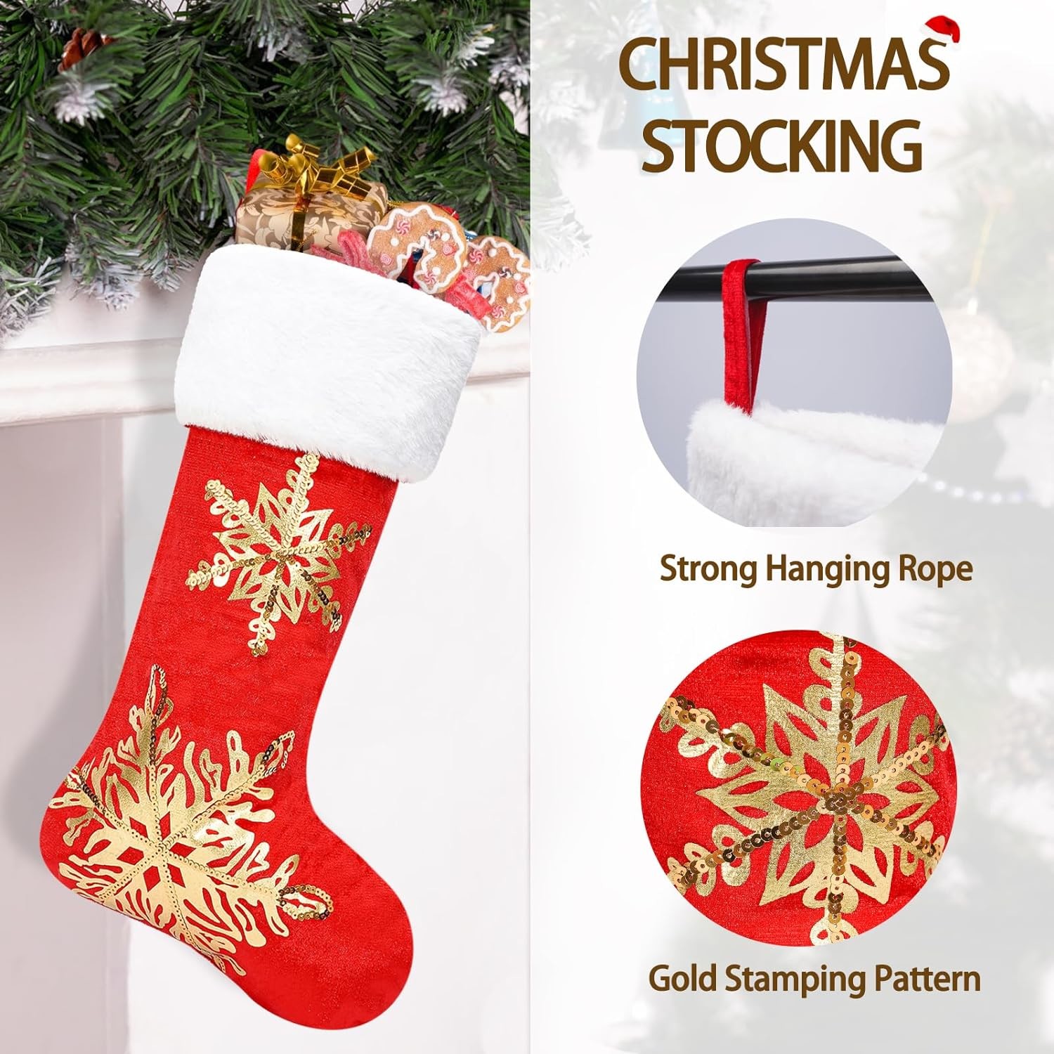 3PC Christmas Stocking,Sequin Hanging Stocking Decorations Christmas Party Family Decor (Red)