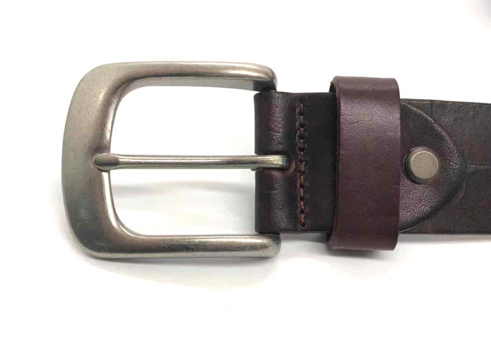 1-1/2” Brown Rectangular Pattern Embossed Leather Belt With Antique Silver Buckle
