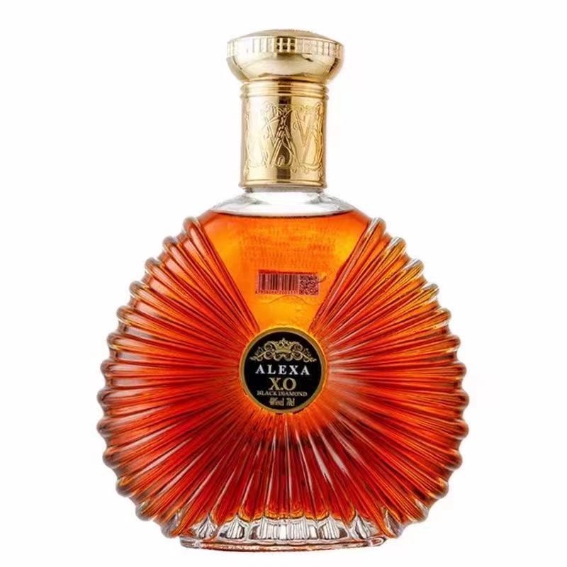 Glass Flat Round Fan Shaped Xo Brandy Bottle Clear White Wave Surface Spirits Liquor Bottle with Cork