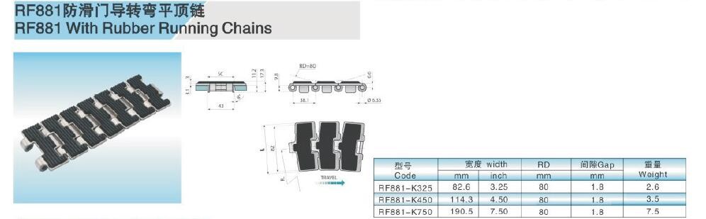 RF812 stainless steel flat top chains with rubber friction top strairght running single hinge