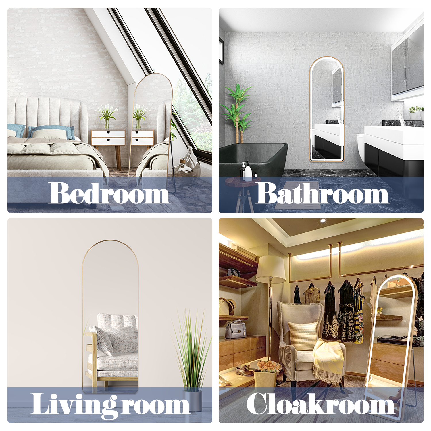 LED Full Length Mirror With Lights Arched Aluminum Adjustable Lighting High Visibility