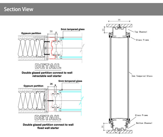 Hot selling partition wall frameless 90 series double glazed partition wall white color for meeting