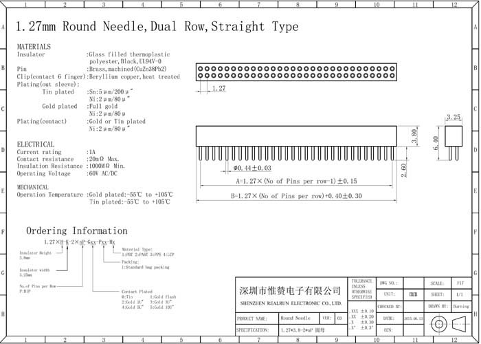 Straight Black Round Female Pin Header Connector 1.27mm Dual Row 180 Degree
