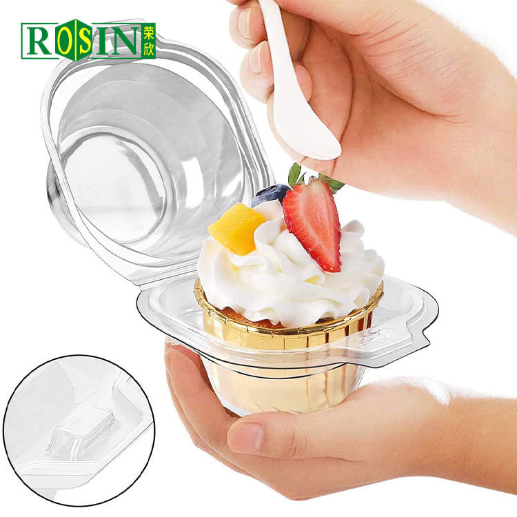 Transparent PET Single Cupcake Containers Hinged Clamshell Lightweight