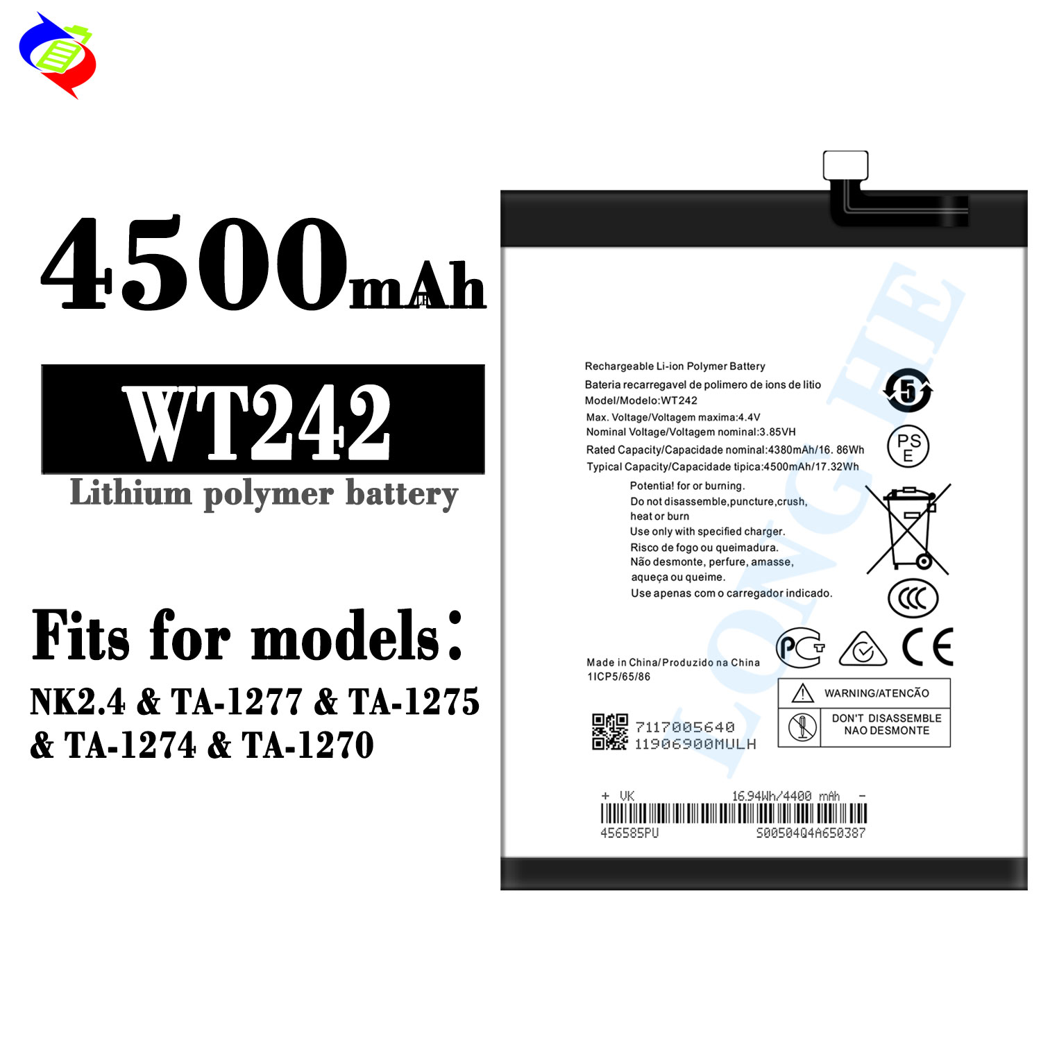 Battery for Nokia WT242 Phone Battery 2.4 Built-in Rechargeable Battery 4500mAh 3.85V