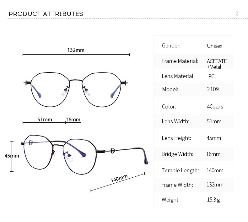 Anti Blue Light Acetate Metal Glasses Optical Eyeglasses Frames PC Lens