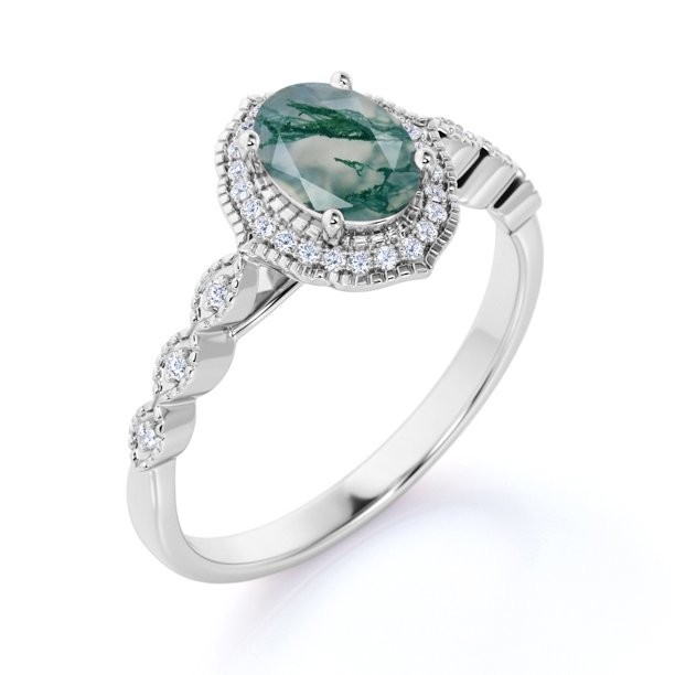 Prong Halo Oval Cut Milky White Dendritic Green Agate And Moissanite Miligreen Antique Design Engagement Ring