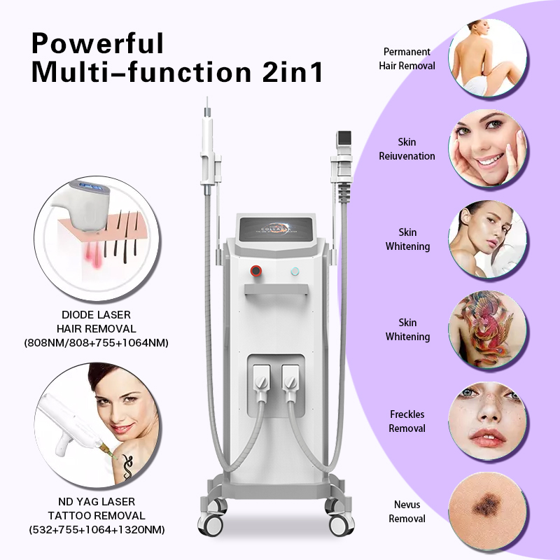 Portable 2 In 1 808 Diode Laser Hair Removal Machine And Nd Yag Picosecond Pico Seconde Tattoo Remover