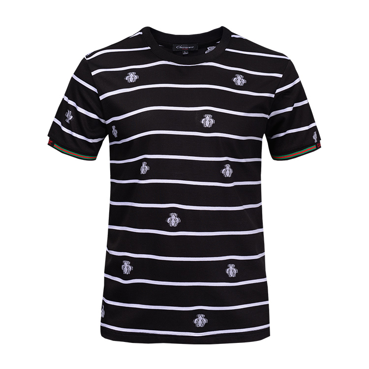 Bee Pattern Black And White Striped T Shirt Mens Breathable Bamboo Fiber Material