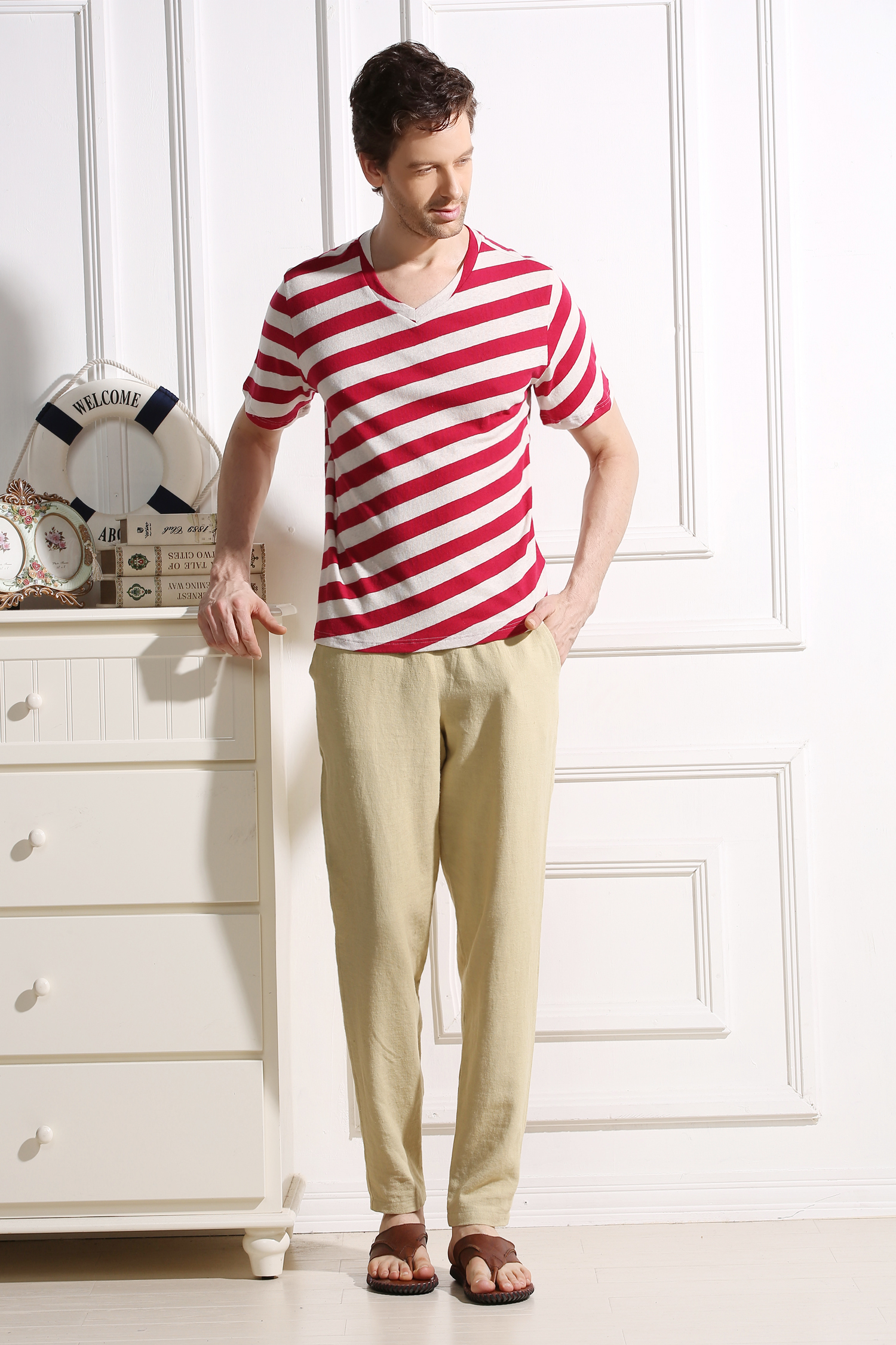45% Cotton 55% Hemp Material Red And White Striped T Shirt Mens Casual Style