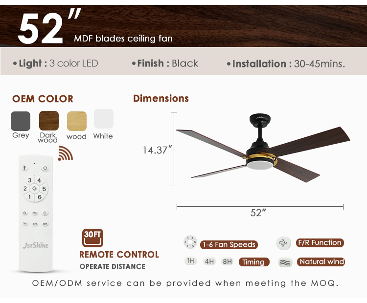 Smart remote control 52 inches 6 speeds MDF black ceiling fan with Metal body material