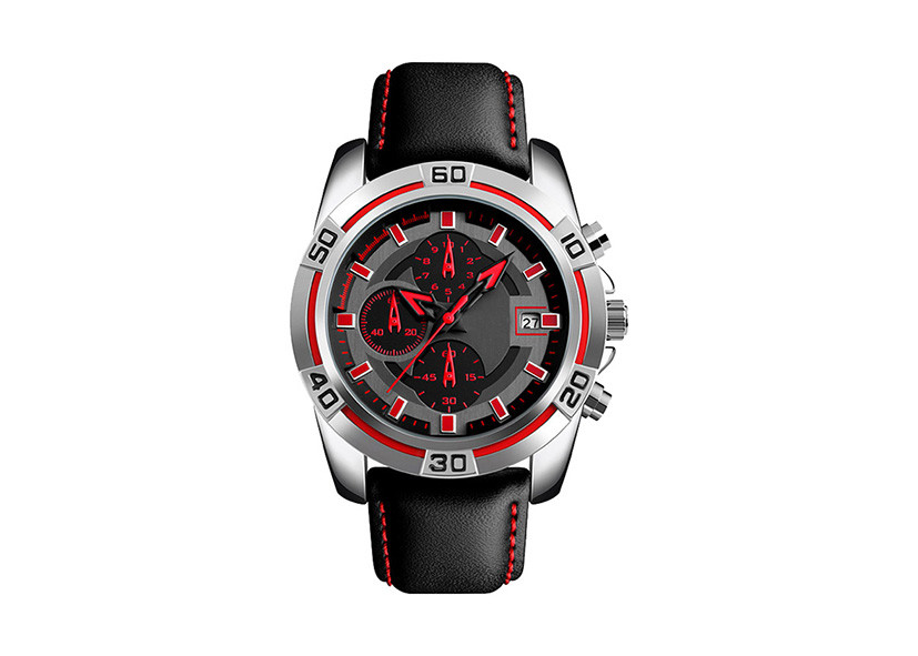 Chronograph Mens Stainless Steel Watches Leather Strap 50m Water Resistant