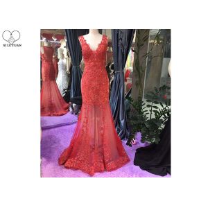 Long Tail Elegant Red Evening Gowns Beading Sleeveless Deep V Transparent Back