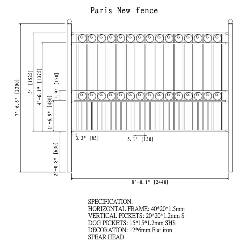 Paris Style Steel Yard/Garden Fence 8Ft x 5Ft Black Garden Fence