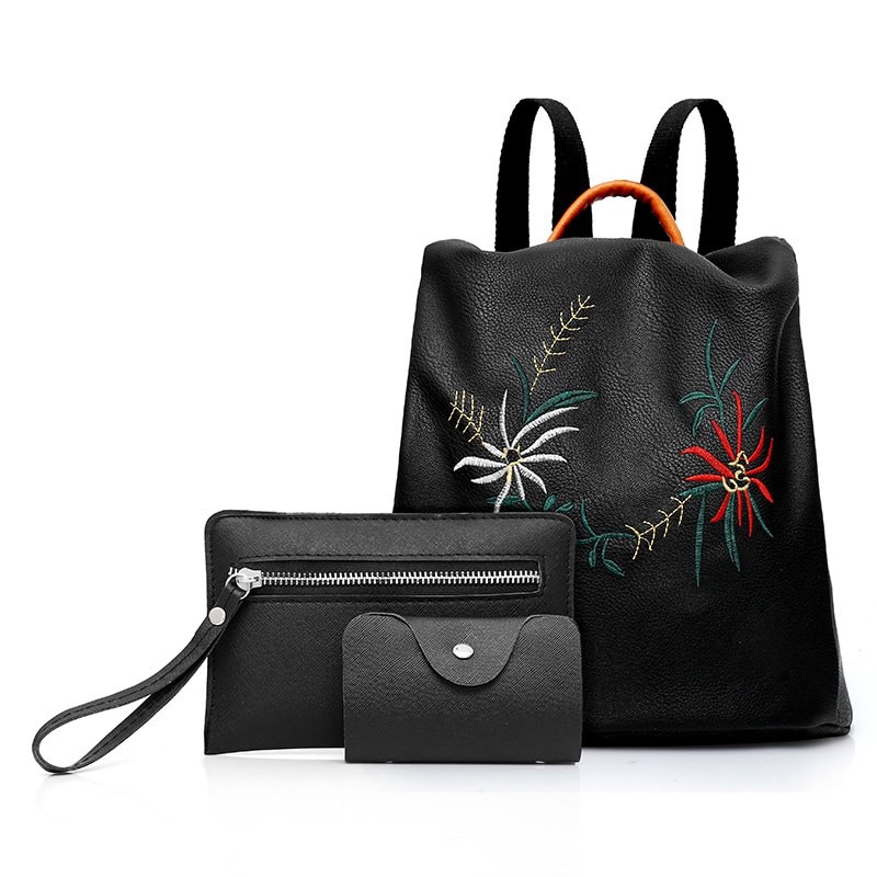Wild Embroidery College Wind Bag Small Fresh Backpack - BLACK 