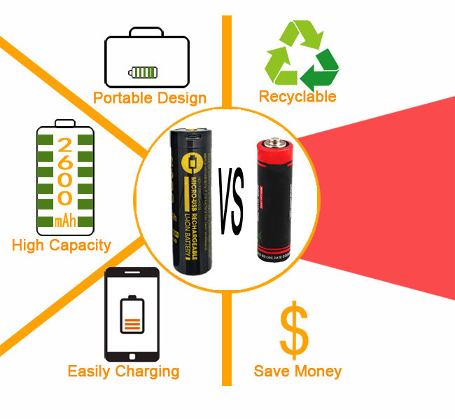500 Cycles Li Ion Rechargeable Batteries 2600mAh 3.7 Volt USB Type C Charging