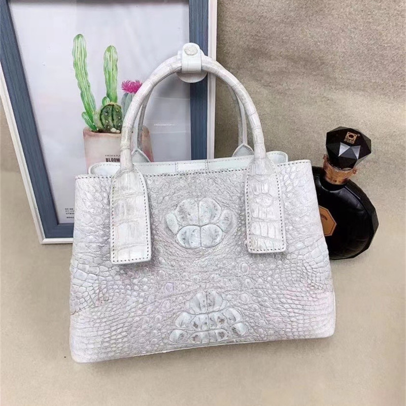 Genuine Alligator Leather Lady White Purse Female Single Shoulder Bag Authentic Crocodile Skin Women Top-handle Handbag
