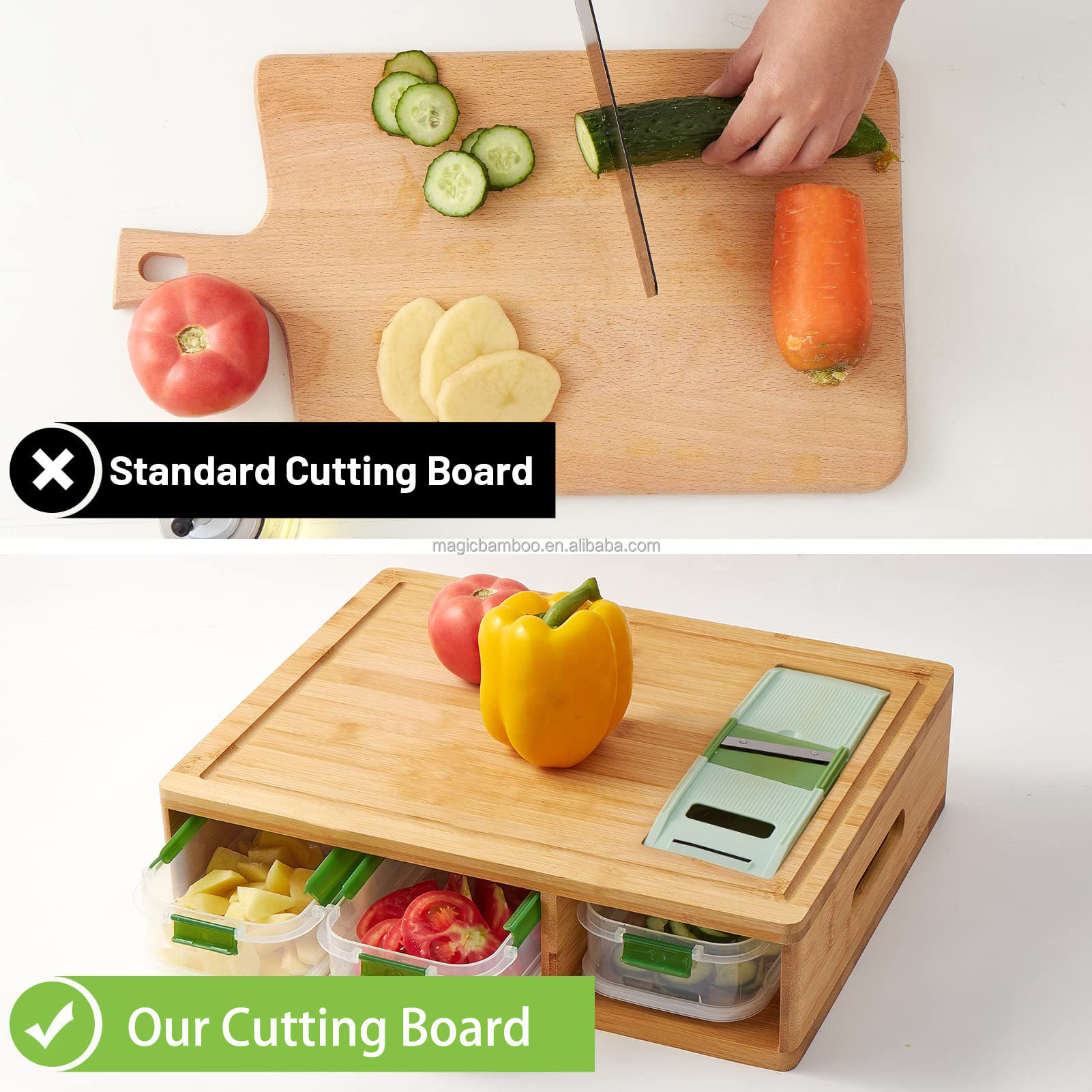 Hotel Bamboo Cutting Board With Containers And Locking Lid And Graters For Home and Bar