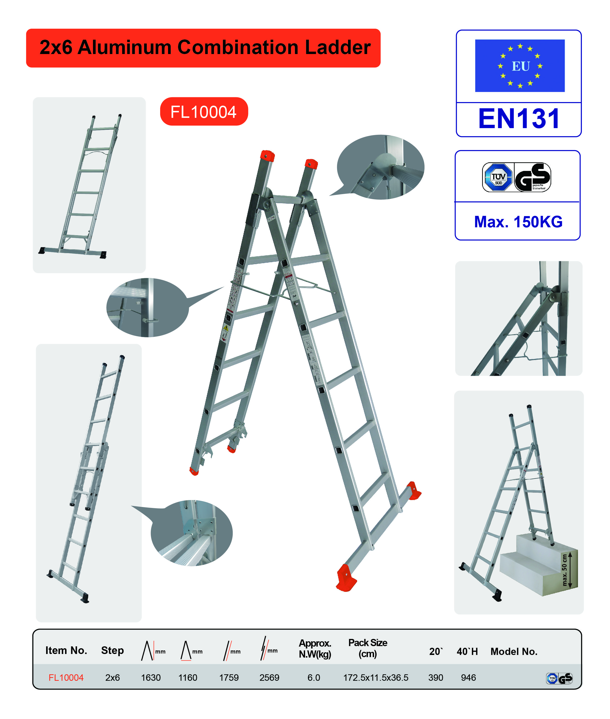 High Safety Foldable Aluminum Ladder 2x6 With Mar Resistant End Caps