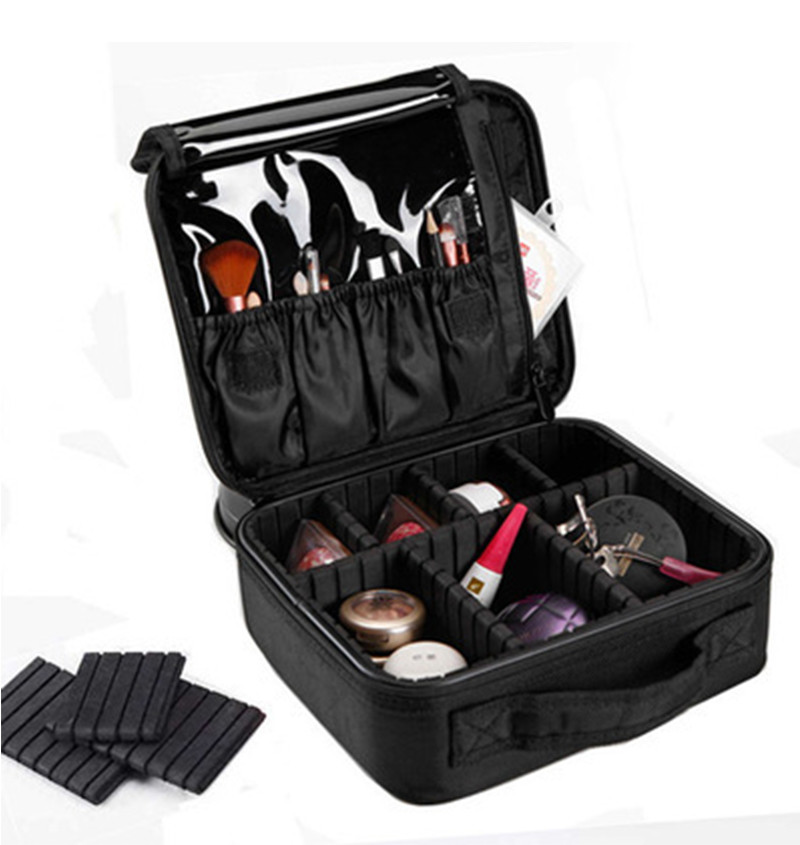 Lady Professional Cosmetic Organizer Mesh Leather Beauty Travel Cosmetic Case