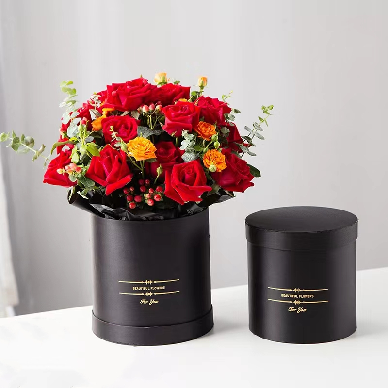 Handmade Custom Gold Foil Logo Black Flower Hat Gift Box for Fresh Flower Packaging