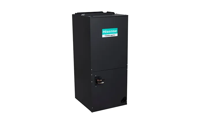 Close-up of Hisense AHU internal components showing copper pipes and fin structure