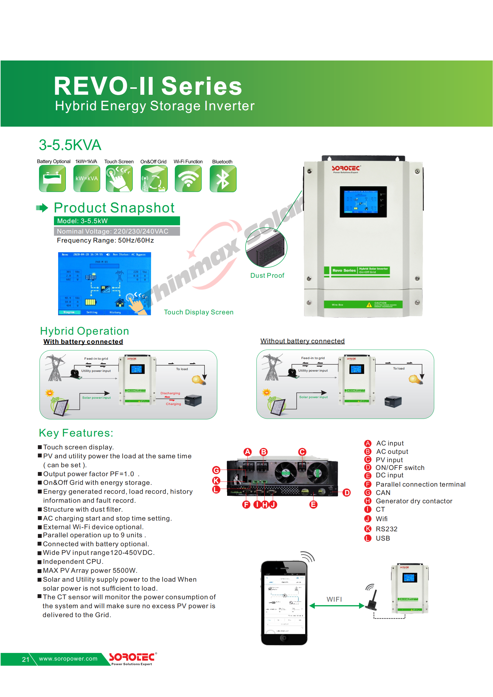 Sorotec on&Off Grid Inverter 5500W with MPPT Solar Charger Pure Sine Wave 48V REVO II 5.5k-48 Inverter