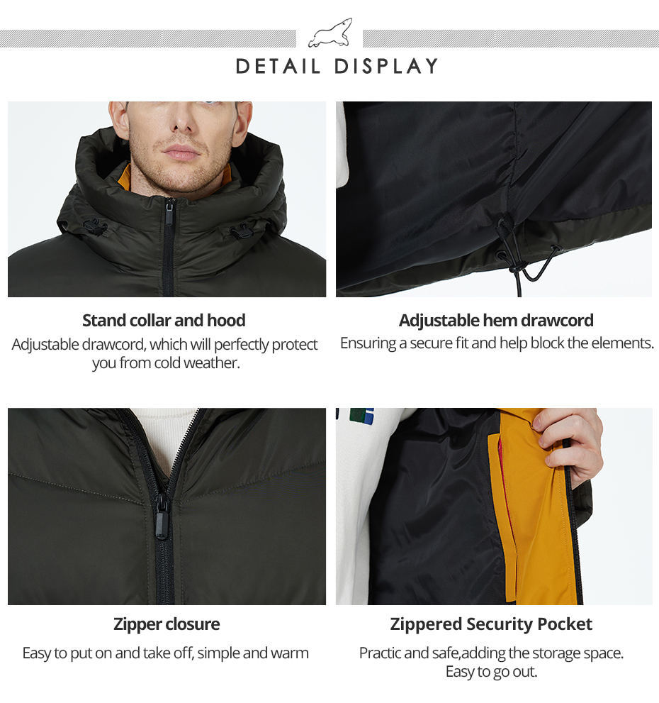 A long down jacket, upper and lower four-pocket design,the ergonomic side slit, straight fit, cold winter coat