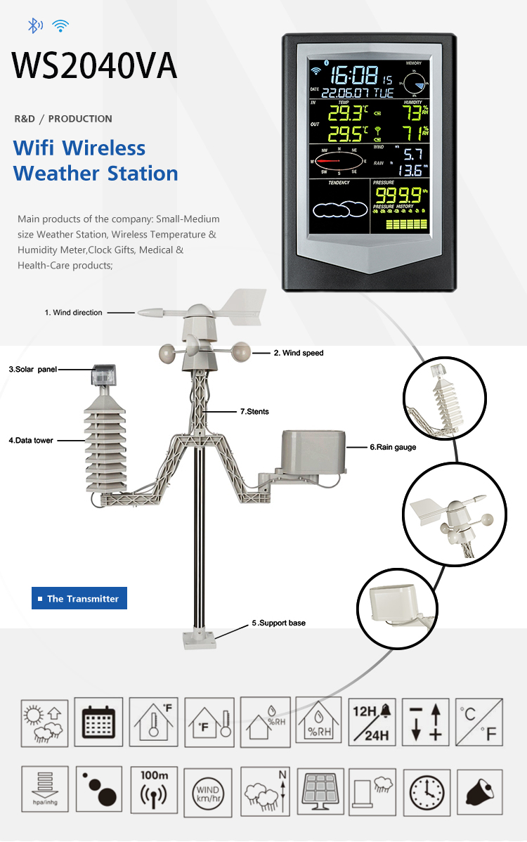 Indoor Outdoor Sensors Automatic Weather Station Temperature Accuracy Of ±1.0°C And Color Forecast