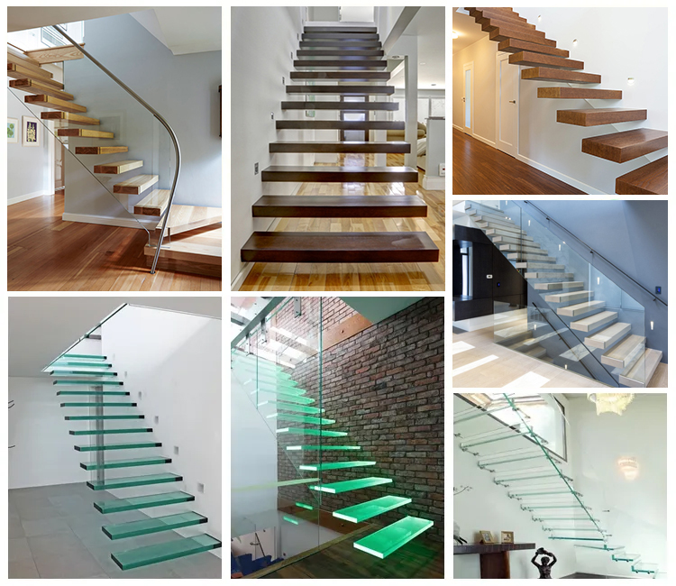 Indoor Oak Wood Floating Stairs Straight Steel and Marble Design with Glass Railing