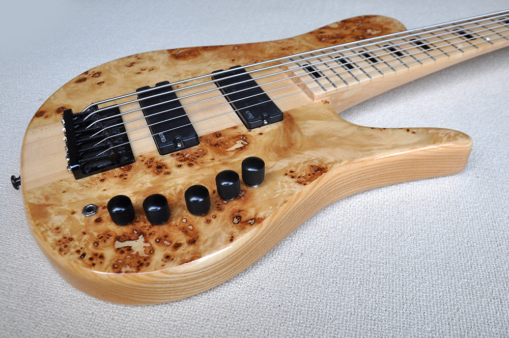 Custom 6 Strings Neck Thru Body Electric Bass Guitar with 24 Frets Active Pickup Maple Fretboard Natural Wood Color