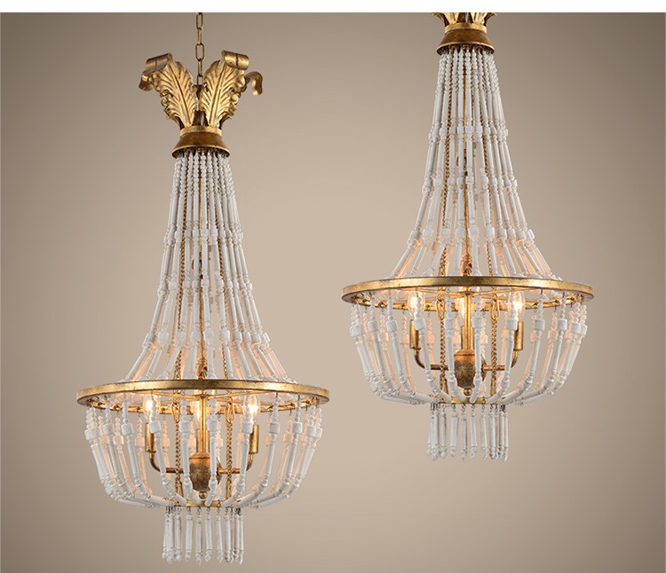 Wrought iron and wood light chandelier fixtures with Wood beads for Kitchen Dining room (WH-CI-40)