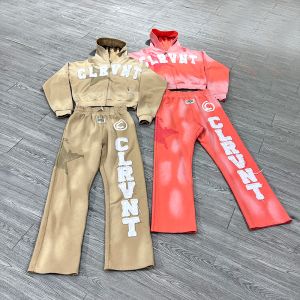 Custom Streetwear Applique Distressed Embroidery Patches Sun Faded Zip Up Hoodie Set Tracksuit Sweatpants Joggers Set