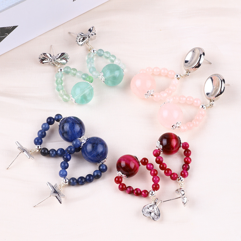 Handmade Crystal Stone Earrings Sodalite Gemstone Beaded Star Charms Pendant Earrings