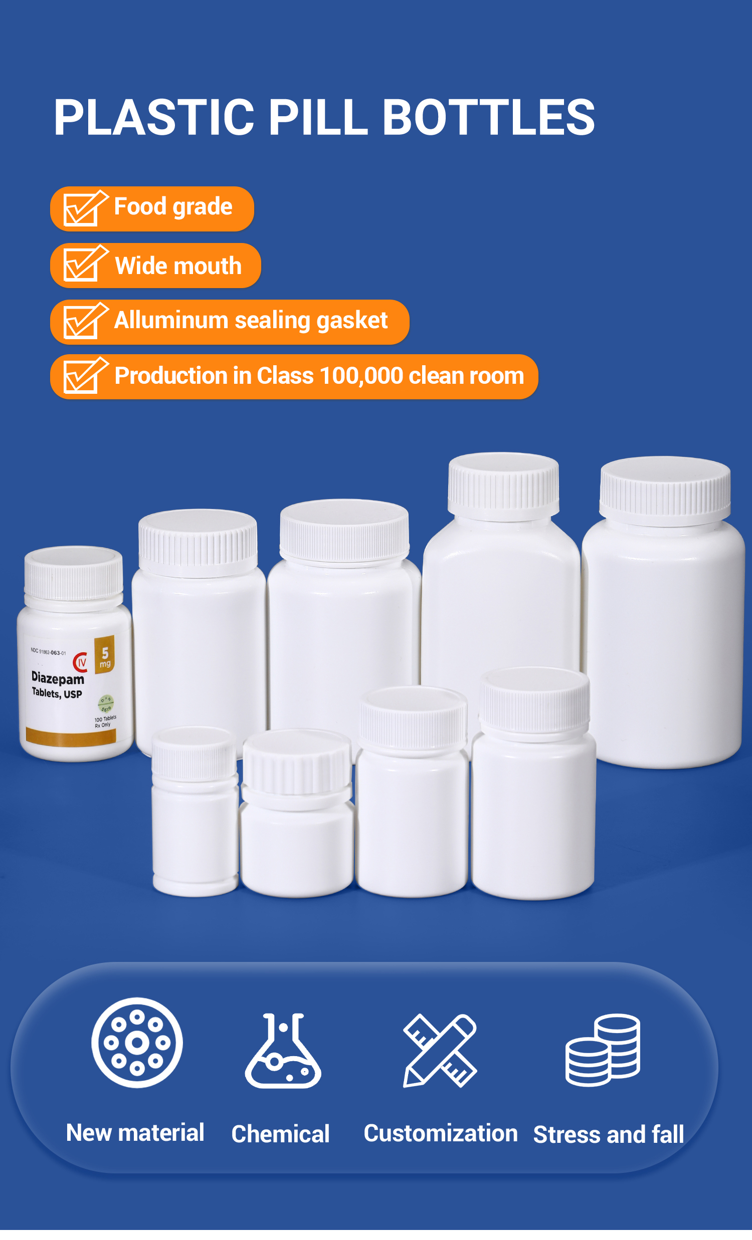 Child-Proof Cap Round Bottle for Medicine Storage CRC Empty White Plastic Pill Bottles
