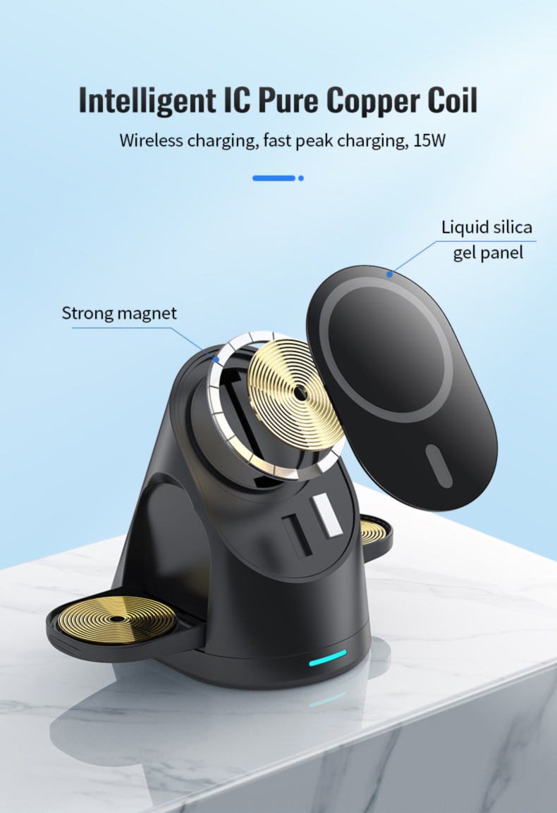 15W Portable QI Multifunctional 3 in 1 Magnetic Wireless Stand For iPhone 15 14 13 Pro