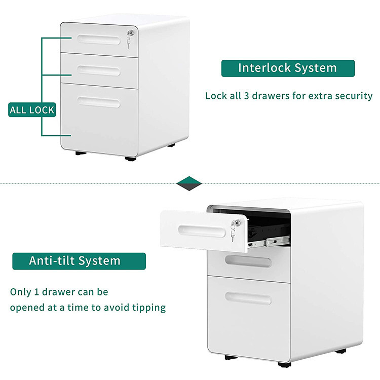 Curved Edge Office 3 Drawer Steel Filing Cabinet Metal Handles