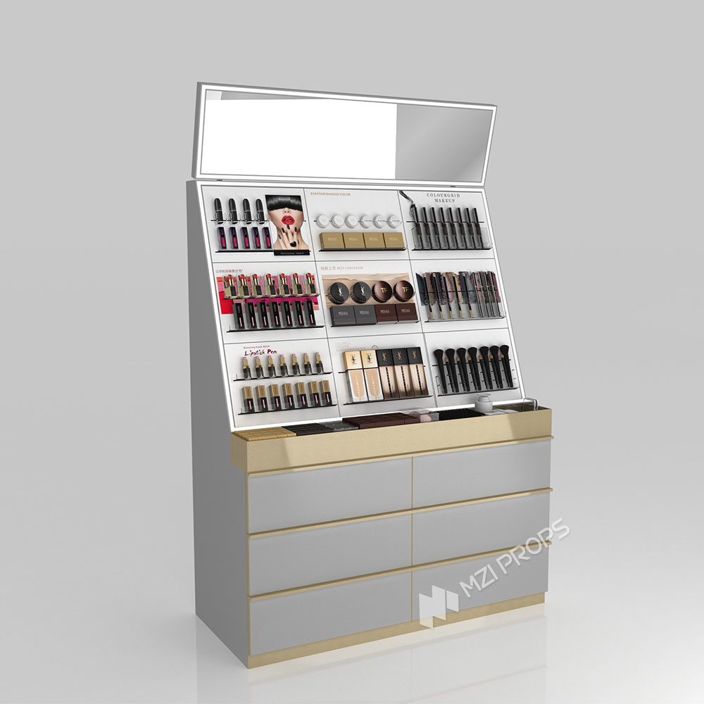 GDR04-CZ-B02 Makeup Display Rack with Grey Melamine Board and LED Strip Lights for Cosmetic Retail Stores