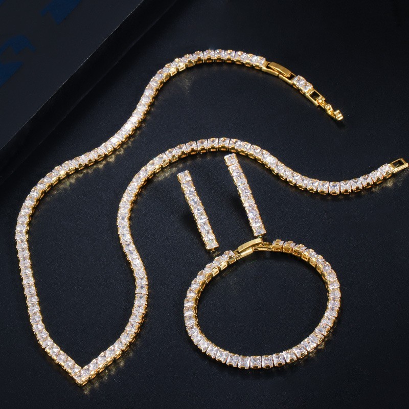 White Gold Color Luxury Bridal CZ Crystal Necklace and Earring Sets Big Wedding Jewelry Sets For Brides