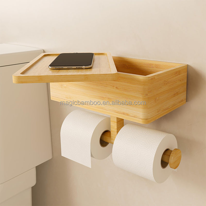 3 In 1 Bamboo Bathroom Storage Rack Wall Mount Toilet Paper Holder OEM
