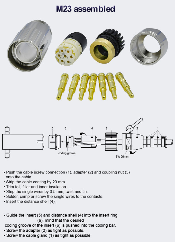 6 - 19 Pin M23 Connector Panel Mount Connector Square Circular Waterproof