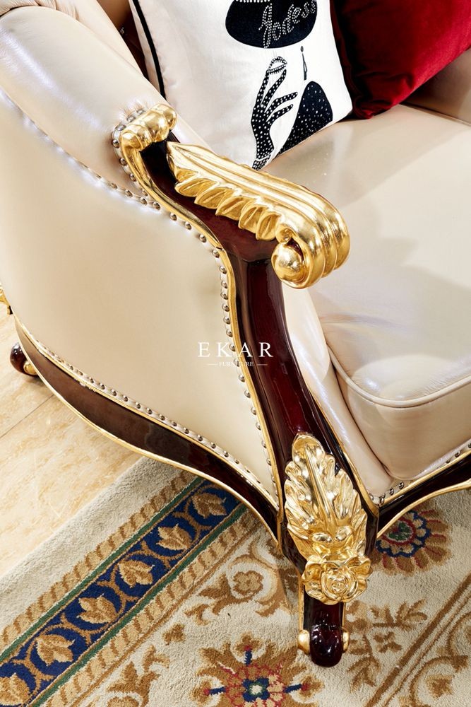 Royal Style Cream Color 6 Seater With Luxury Carving Leather Sofa Set