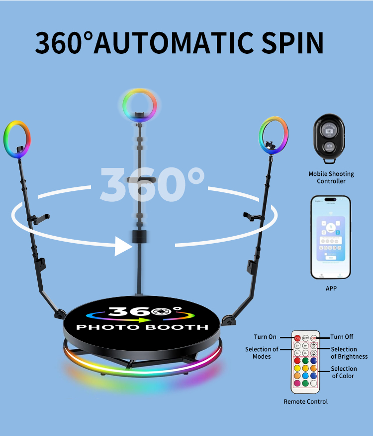 High Capacity 360 Photo Booth with Digital Backdrop Edit Software and Remote Control