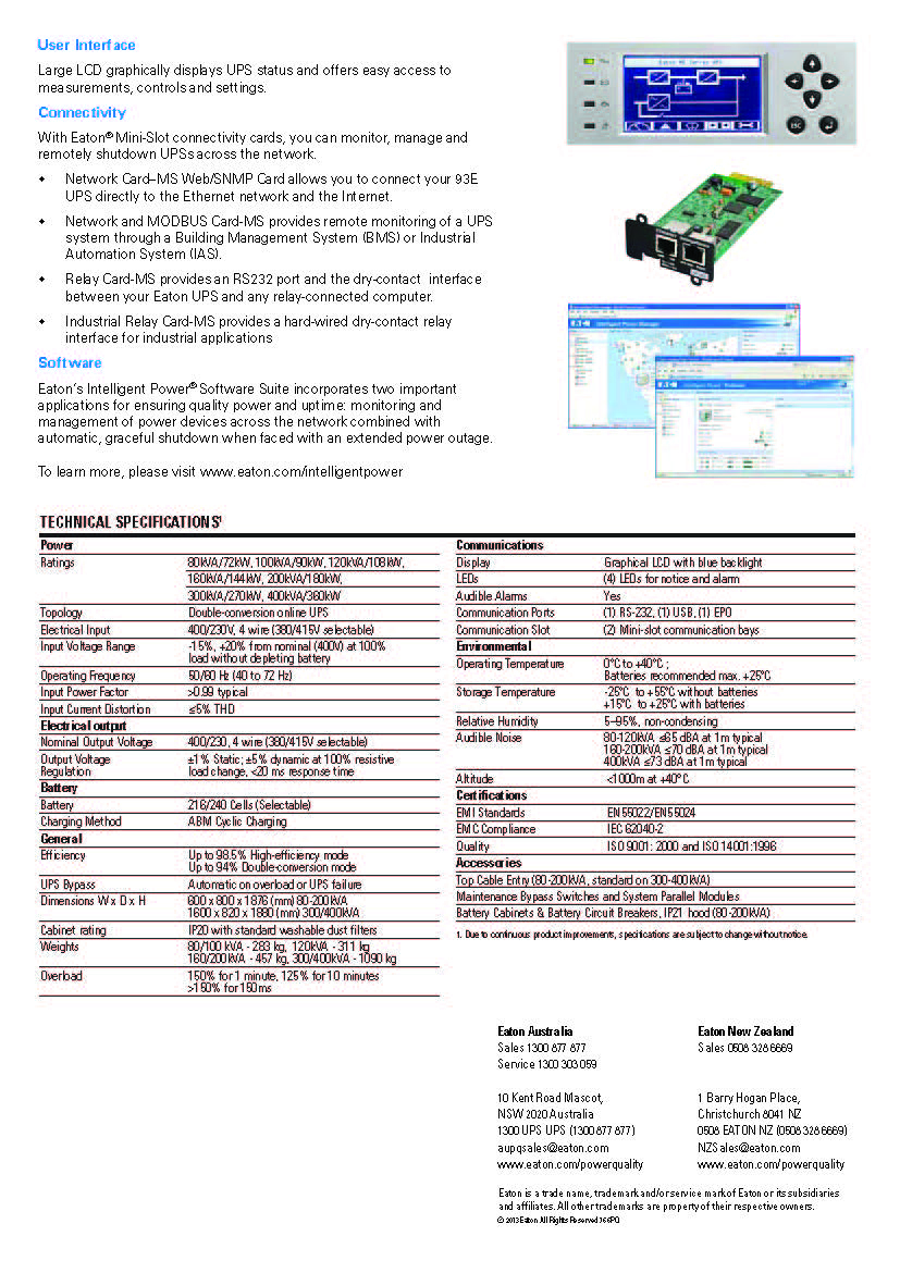 Long Backup Time Eaton 93E UPS 80kVA 72kW 415Vac Networking Double Conversion Tower UPS