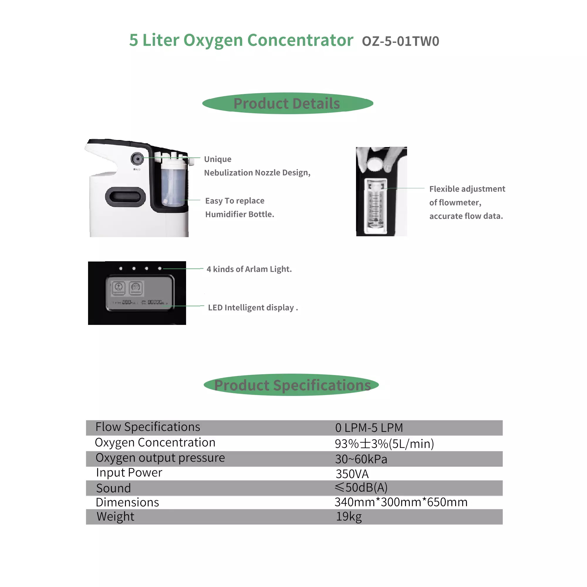 Medical Hospital 5 Lpm Oxygen Concentrator 5 Ltr Intelligent Control System