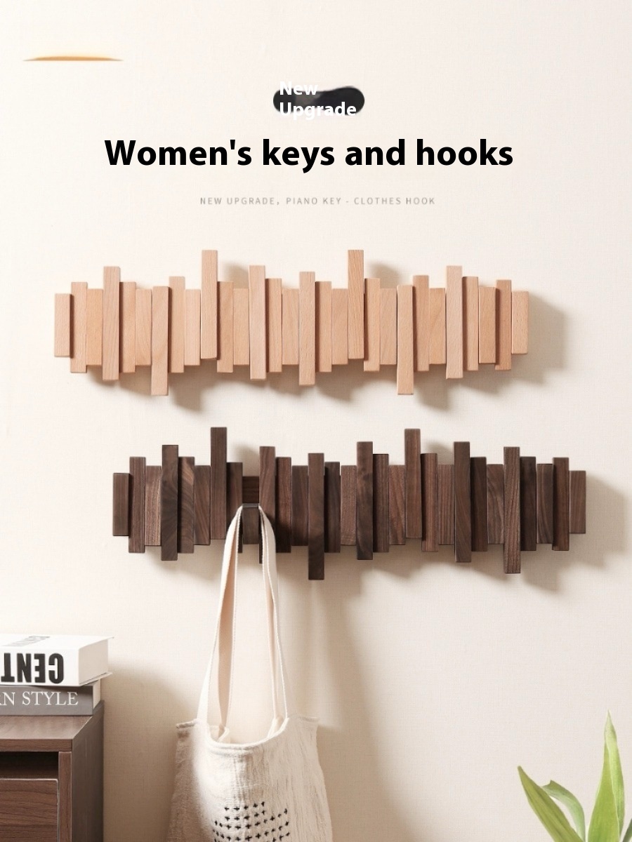 Walnut Wooden Wall Hanger Creative Piano Key-Type Clothes Rack with Staggered Hook Single Tier for Entrance Storage Living Room