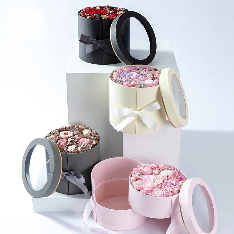 Matte Glossy Lamination Round Flower Box Floral Packaging With Clear PVC Window