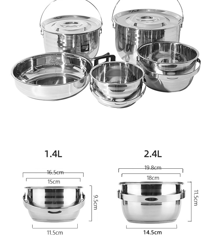 High Quality 9 Pieces Stainless Steel Outdoor Tableware Set Camping Cooking Pot Sets Outdoor Cookware Sets