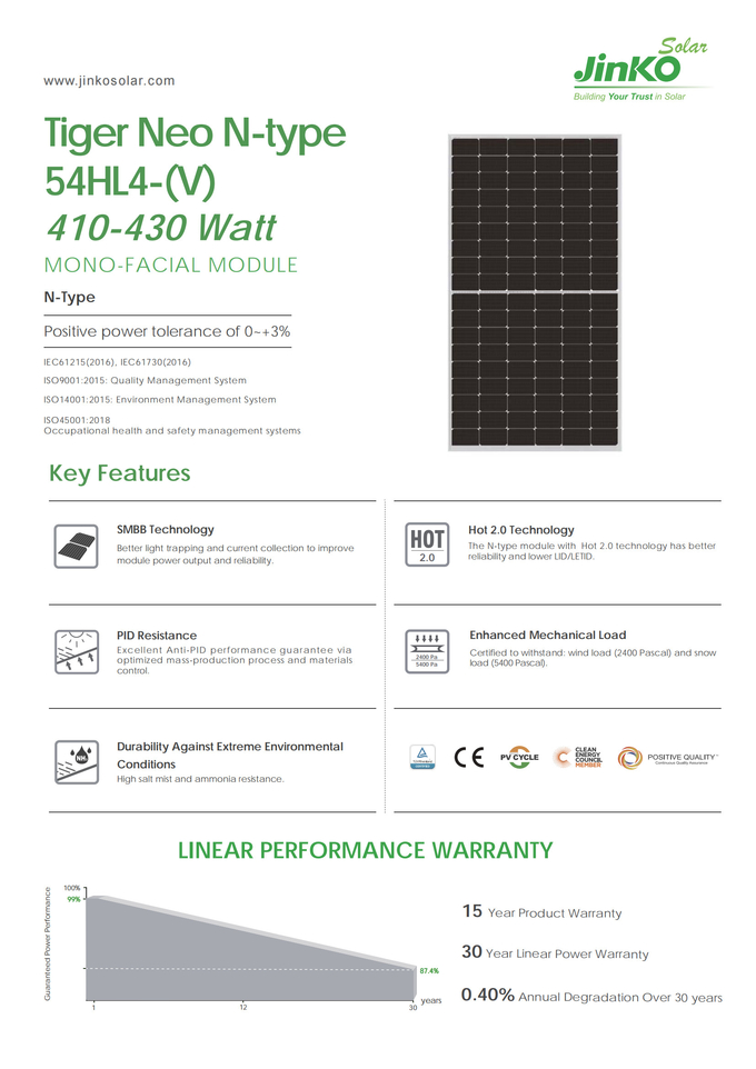 Jinko Tiger Neo N-Type 54HL4-V Jinko Solar Panel 410W 415W 420W 425W 430W PV Panels